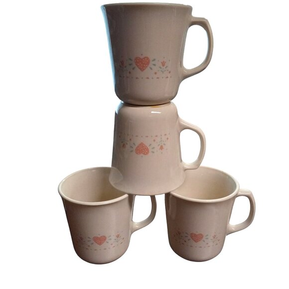 Corning Ware Corelle Forever Yours Coffee Mugs Heart Floral Design Set Of 4 - Picture 1 of 7